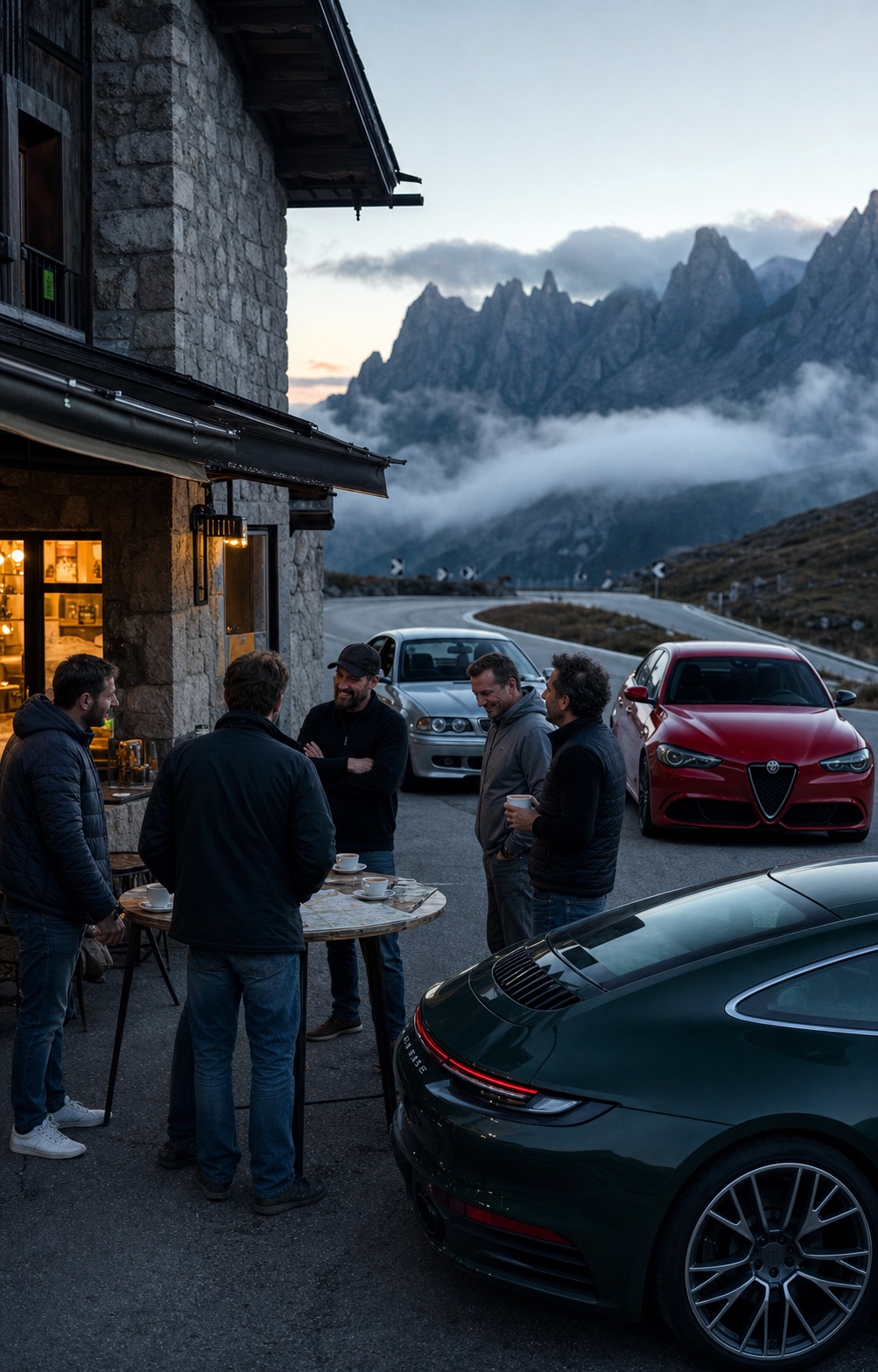 Car enthusiasts gathering at dawn in the Dolomites