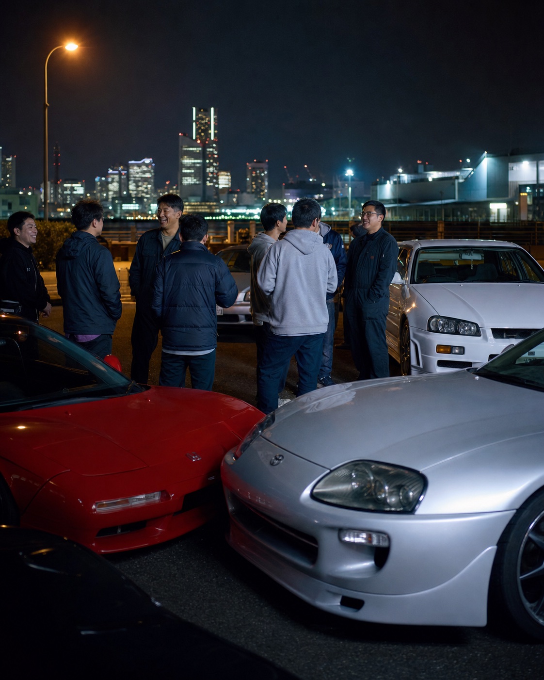 Car enthusiasts gathering at night in Yokohama